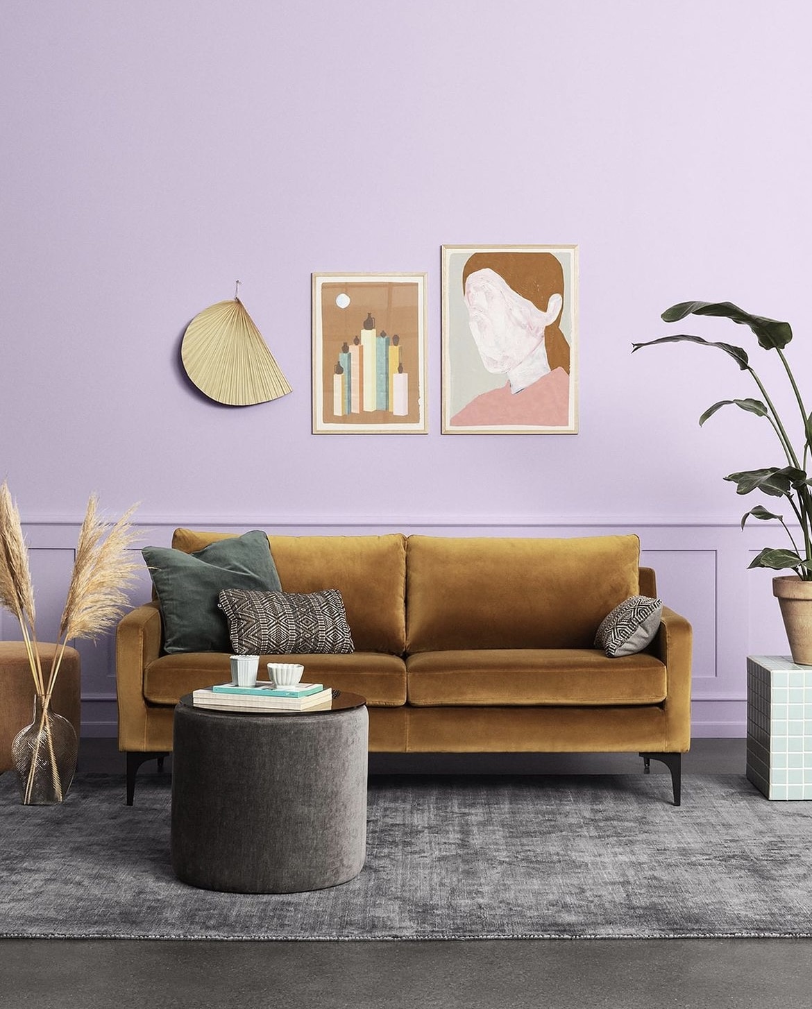 lilac and mustard living room