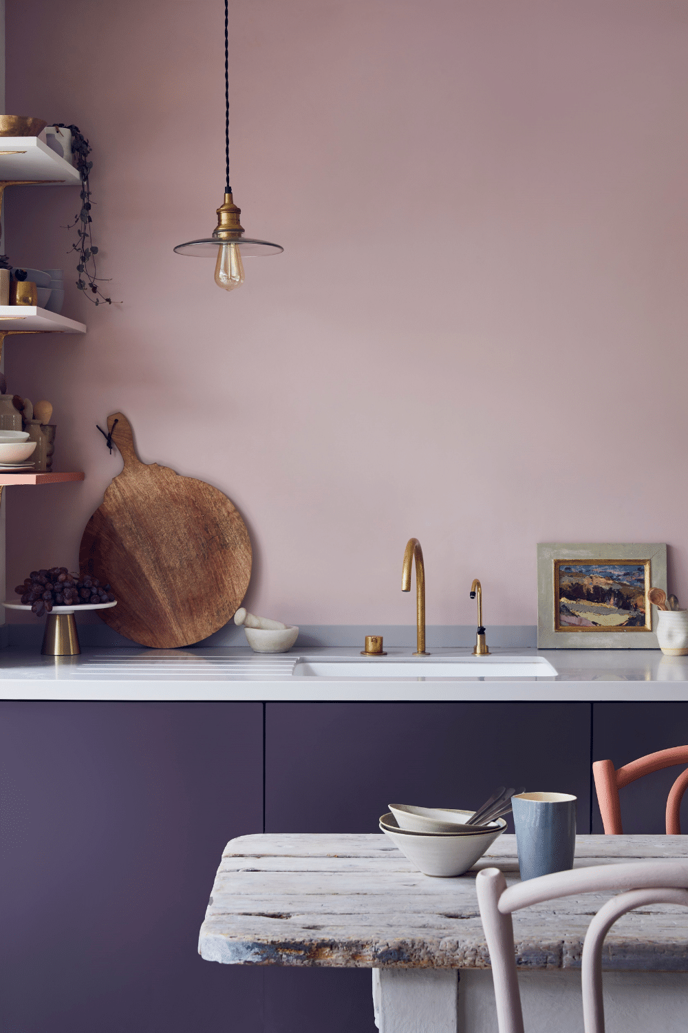 navy blue and pink kitchen